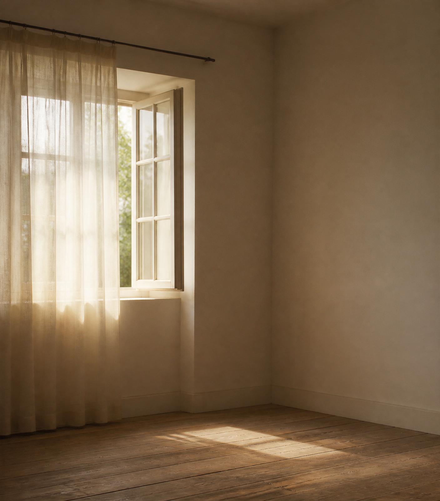 Ventana con cortina de lino y luz filtrada sobre suelo de madera